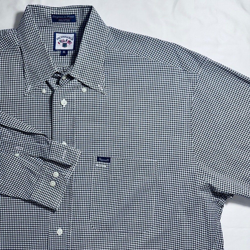 Faconnable Mens XL Long Sleeve Button Down Blk/wht Checkered Gingham Dress Shirt